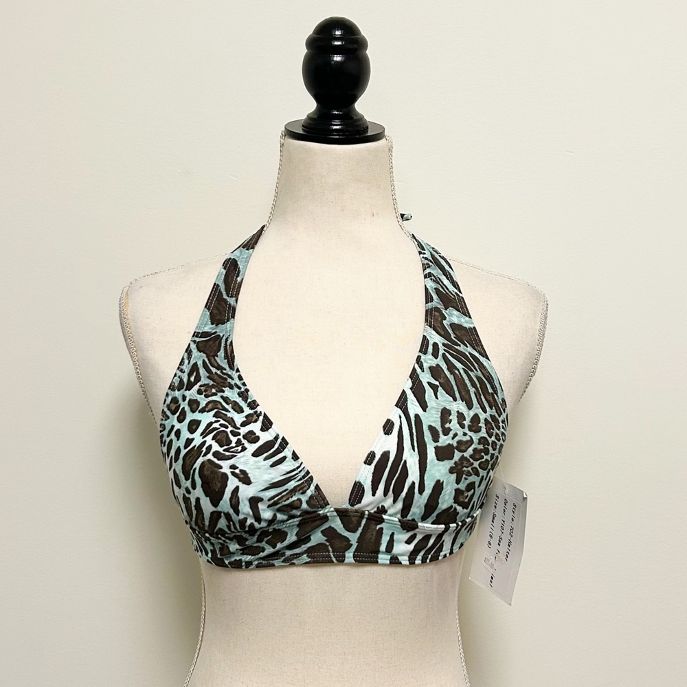 Island Pearls World Apparel Leopard Blue Brown White Halter Bikini Top Small